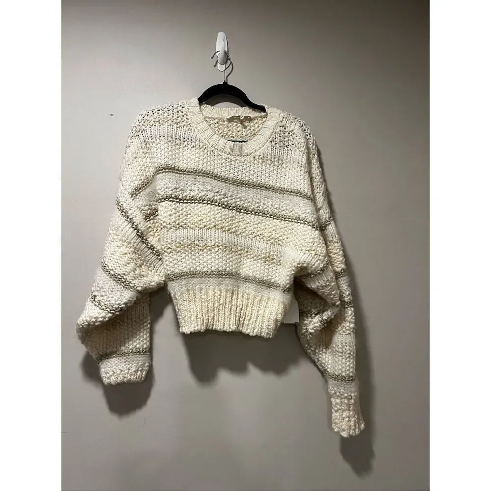 Frame Cream & Gold Striped Textured Wool Knit Sweater Size Large NWOT
